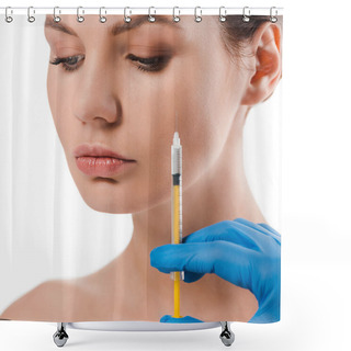 Personality  Cropped View Of Plastic Surgeon In Blue Latex Glove Holding Syringe Near Attractive Naked Woman Isolated On White  Shower Curtains