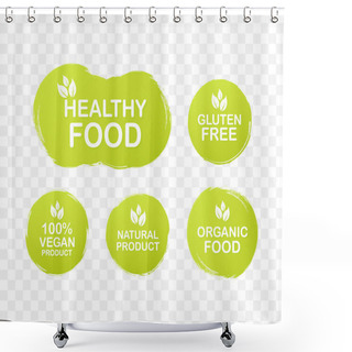 Personality  Vector Set Colorful Labels For Food, Nutrition. Collection Icons. Healthy Food, Gluten Free, 100 Vegan Food, Natural Product, Organic Food. Vector Illustration. Shower Curtains