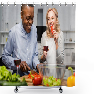 Personality  Smiling African American Man Cutting Bell Pepper And Woman Holding Wine Glass And Eating Bell Pepper Shower Curtains