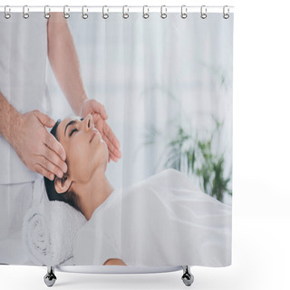Personality  Cropped Shot Of Calm Young Woman With Closed Eyes Receiving Reiki Healing Treatment   Shower Curtains