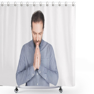 Personality  Portrait Of Bearded Man In Shirt Praying Isolated On White Shower Curtains
