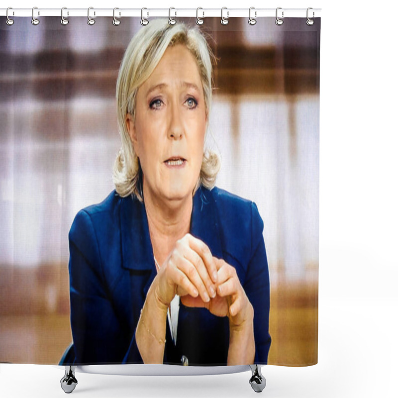 Personality  Marine Le Pen Candidate To French President Debating With Emmanu Shower Curtains