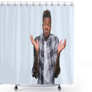 Personality  Young African American Man Over Isolated Background Clueless And Confused Expression With Arms And Hands Raised. Doubt Concept. Shower Curtains