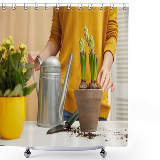 Personality  Partial View Of Woman Holding Watering Can And Touching Hyacinth In Clay Flowerpot  Shower Curtains