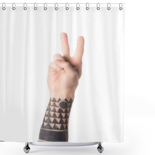 Personality  Partial View Of Man Showing Number 2 In Sign Language Isolated On White Shower Curtains