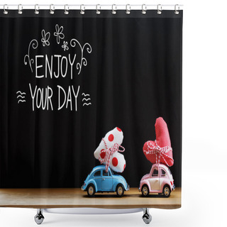 Personality  Enjoy Your Day Message With Pink And Blue Cars  Shower Curtains
