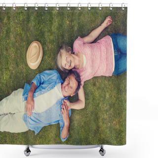 Personality  Senior Couple Lying On A Grass And Hugging Shower Curtains