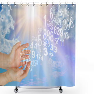 Personality  Consult With A Numerologist About Your Future - Female Hands With Numbers Flowing Outwards Against A Bright Blue Sky And Sunburst Background With Copy Space Shower Curtains