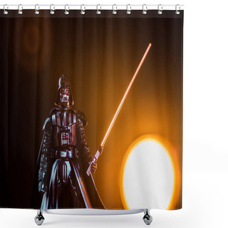 Personality  Darth Vader Figurine With Lightsaber On Black Background With Shining Sun Shower Curtains