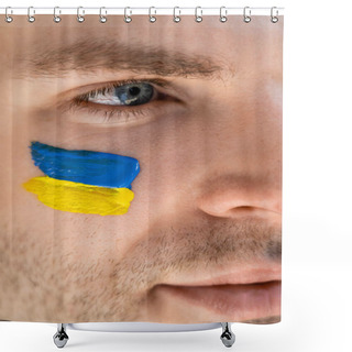 Personality  Close Up View Of Ukrainian Flag Painted On Face Of Young Patriotic Man Shower Curtains