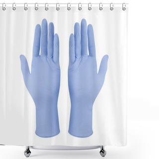 Personality  Medical Nitrile Gloves.Two Blue Surgical Gloves Isolated On White Background With Hands. Rubber Glove Manufacturing, Human Hand Is Wearing A Latex Glove. Doctor Or Nurse Putting On Protective Gloves Shower Curtains