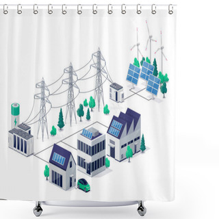 Personality  Smart Virtual Battery Energy Storage Network With House Office Factory Buildings, Renewable Solar Panel Plant Station, Wind And High Voltage Electricity Distribution Grid Pylons, Electric Transformer. Shower Curtains
