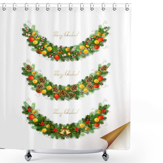 Personality  Christmas Vector Set Of Three Garland With Fir Tree , Evening Balls And New Year’s Bells Shower Curtains