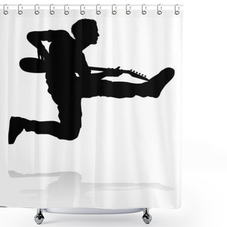 Personality  A Guitarist Musician In Detailed Silhouette Playing His Guitar Musical Instrument. Shower Curtains