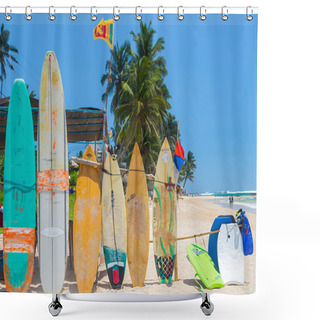 Personality  Surf Boards On Sandy Weligama Beach In Sri Lanka Shower Curtains
