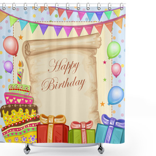 Personality  Happy Birthday Card With Cake ,gifts And Balloons Shower Curtains