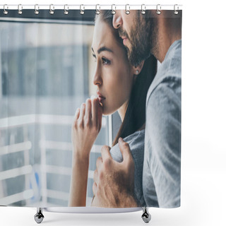Personality  Cropped Shot Of Bearded Man Supporting Sad Young Woman Looking At Window Shower Curtains