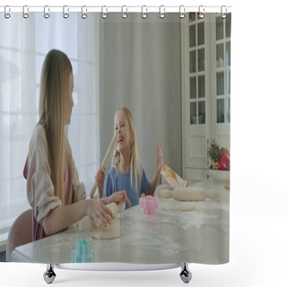 Personality  Girl Rolling Dough On Kitchen Table Shower Curtains