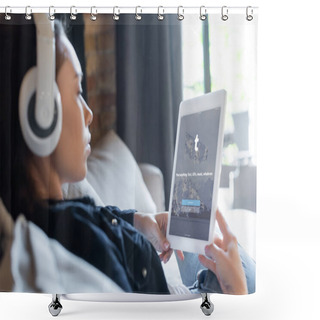 Personality  KYIV, UKRAINE - APRIL 29, 2020: Selective Focus Of Girl In Wireless Headphones Listening Music And Using Digital Tablet With Tumblr App  Shower Curtains