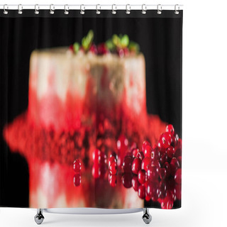 Personality  Selective Focus Of White Cake Decorated With Mint Leaves Near Red Currants Isolated On Black Shower Curtains