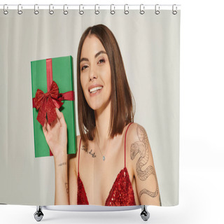 Personality  Portrait Of Cheerful Woman With Tattoos Holding Present On Ecru Backdrop, Holiday Gifts Concept Shower Curtains