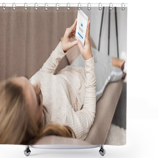 Personality  Woman On Couch Using Smartphone With Messenger App On Screen Shower Curtains
