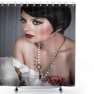 Personality  Sensuous Short Haired Brunette Woman, Bare Shoulders With White Shower Curtains