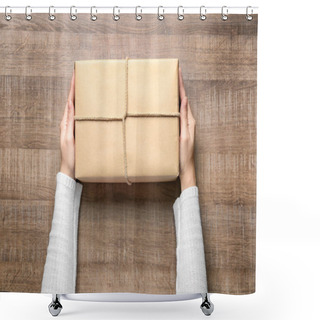 Personality  Woman With Parcel Box On Wooden Background Shower Curtains