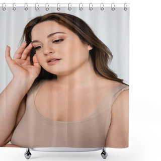 Personality  Portrait Of Brunette Woman With Overweight Touching Face Isolated On Grey Shower Curtains