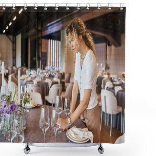 Personality  Woman With Wavy Hair Placing Glasses On Table With Festive Setting, Banquet Coordinator At Work Shower Curtains