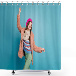 Personality  Portrait Of Her She Nice Attractive Fashionable Lovely Cheerful Cheery Carefree Dreamy Girl Dancing Having Fun Walking Isolated On Bright Vivid Shine Vibrant Green Blue Turquoise Color Background Shower Curtains