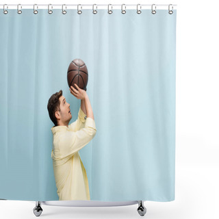 Personality  Side View Of Man In Yellow Shirt Throwing Basketball On Blue Shower Curtains