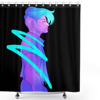 Personality  Portrait Of A Young Pretty Androgynous Woman With Short Shaved Pixie Undercut In Retro Futurism Style. Vector Illustration In Neon Bright Colors. Blue Short Hair. Futuristic Synth Wave Shower Curtains