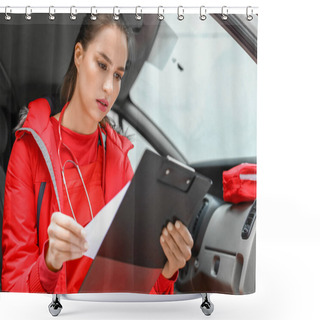 Personality  Female Paramedic Sitting In Ambulance Car Shower Curtains