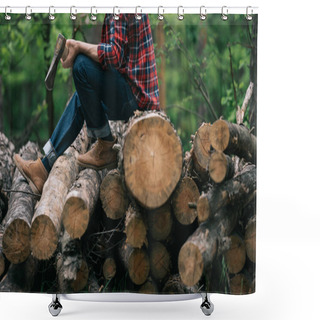Personality  Partial View Of Lumberman Holding Ax While Sitting On Tree Trunks In Forest Shower Curtains