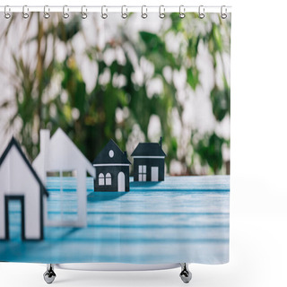 Personality  Selective Focus Of Paper Houses On Blue Wooden Desk, Mortgage Concept Shower Curtains