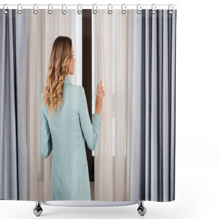Personality  Back View Of Young Woman Standing Near Window In Hotel  Shower Curtains