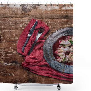 Personality  Top View Of Fresh Tasty Ceviche With Dorado And Daikon On Wooden Table Shower Curtains