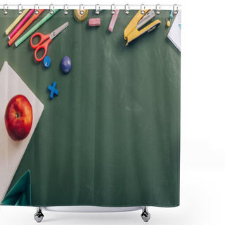Personality  Top View Of Tasty Apple On Book Near School Stationery On Green Chalkboard Shower Curtains