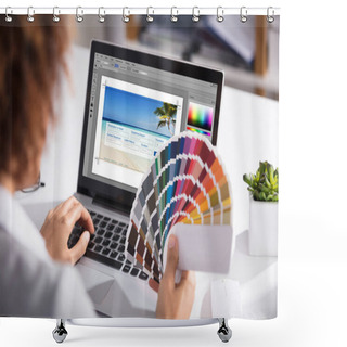 Personality  Close-up Of A Female Designer Holding Colorful Swatch Working On Laptop In Office Shower Curtains