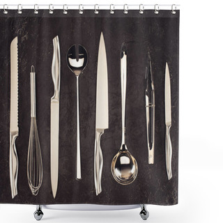 Personality  Top View Of Kitchen Utensils Placed In Row On Black Marble Table Shower Curtains