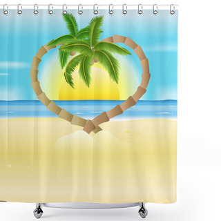 Personality  Romantic Beach, Heart Palm Trees Illustration Shower Curtains