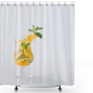 Personality  Close Up View Of Summer Fresh Cocktail With Mint And Pieces Of Citrus Fruits Isolated On White Shower Curtains