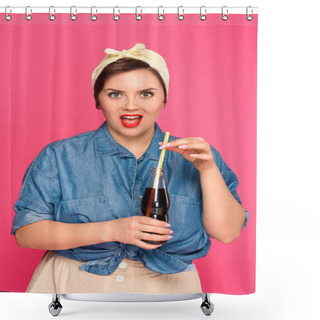 Personality  Surprised Size Plus Pin Up Woman Holding Glass Bottle With Drinking Straw And Looking At Camera Isolated On Pink Shower Curtains