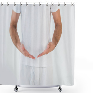 Personality  Cropped View Of Man Standing And Gesturing Isolated On White  Shower Curtains