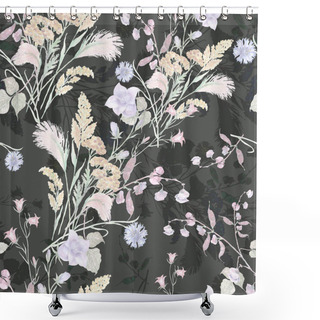 Personality  Beautiful Floral Seamless Pattern. Flowers Monochrome. Field Flowers On A Black Background. Shower Curtains