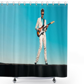 Personality  Vintage Fifties Male Guitar Player With White Suit And Sunglasse Shower Curtains