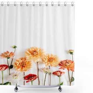 Personality  Colorful Dahlia And Cynicism Flowers On White Background. Flat Lay, Top View. Shower Curtains