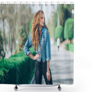 Personality  Beautiful Young Caucasian Girl With Curly Hair Outdoors Shower Curtains