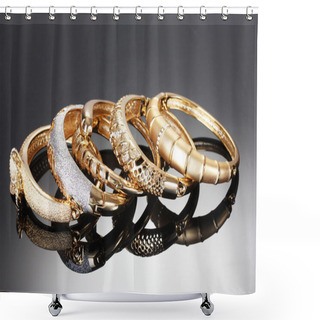 Personality  Beautiful Golden Bracelets On Grey Background Shower Curtains